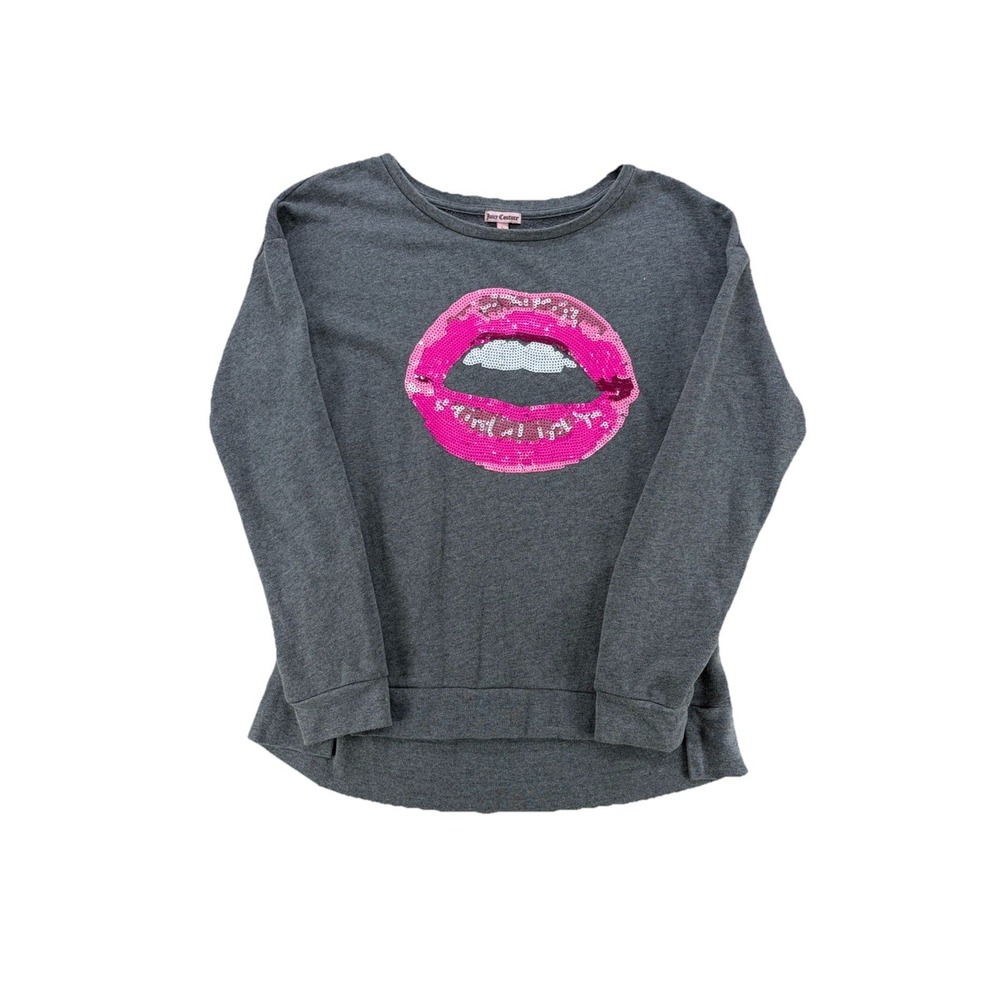 Y2K JUICY COUTURE Indie Sleeze Gray Pink White Sequin Lips Sweatshirt Size L